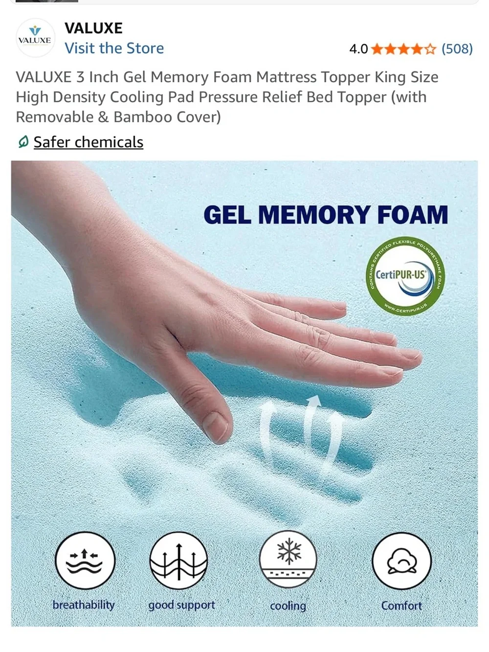 3” Gel Memory Foam Mattress Topper with Elastic Strap - King Size NIB